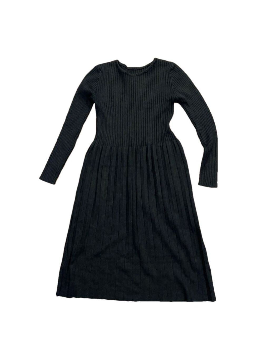 Black knit S stretch long sleeve midi dress with round neckline